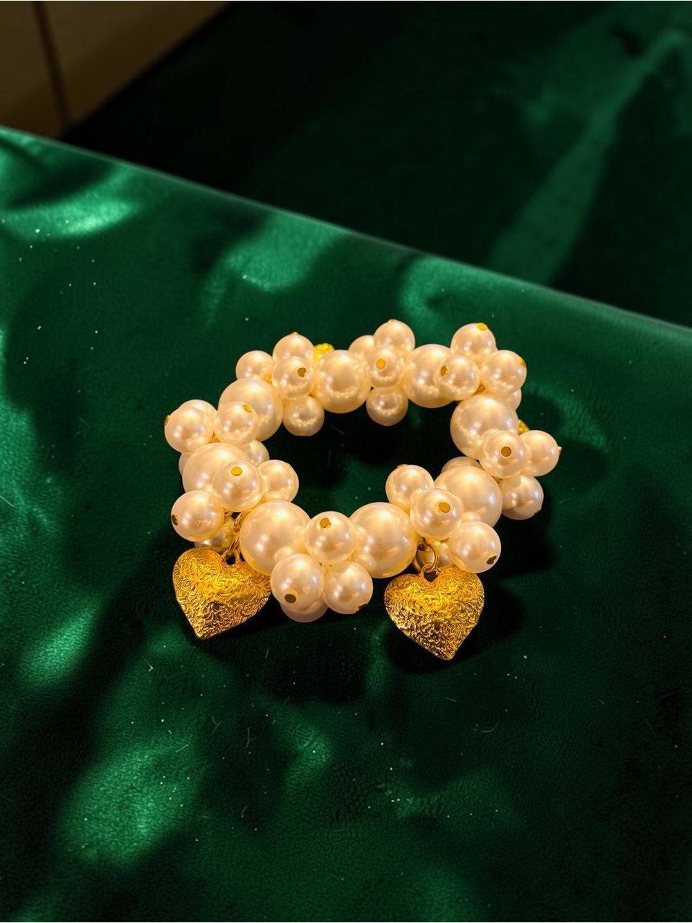 Sassy Jones Faux White Pearl Cluster Bracelet with Gold Heart Charms